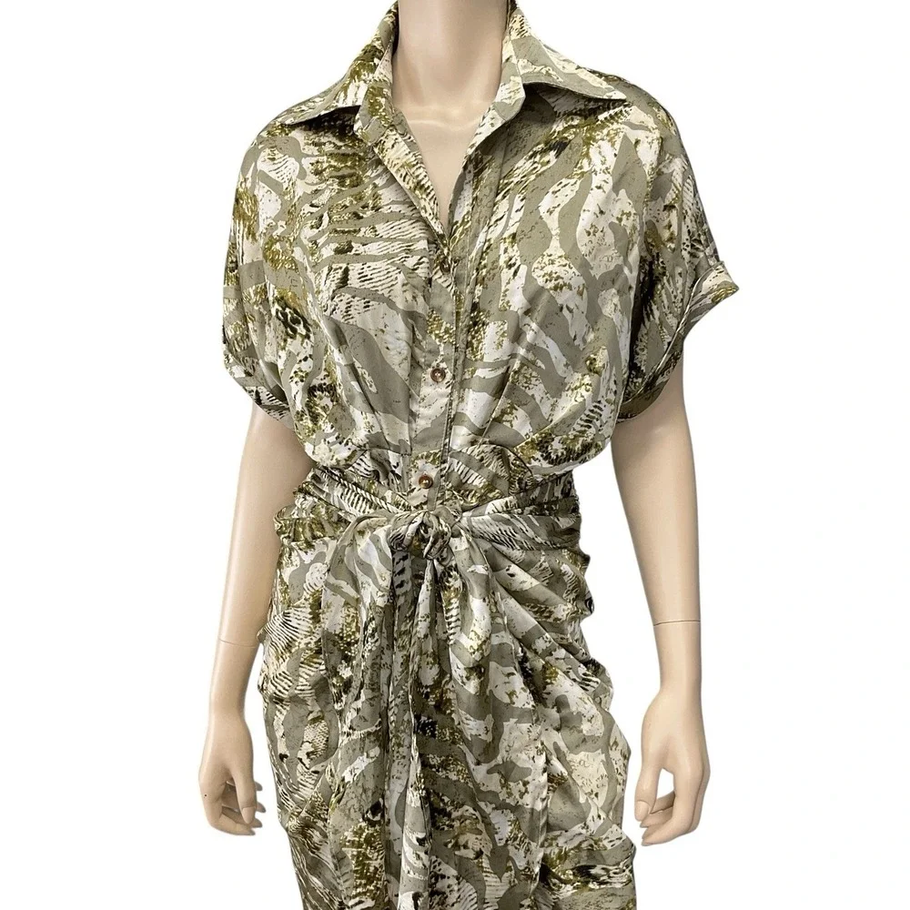 Mable Dress Small Women Green Print Short Sleeve Button Front Collared Midi